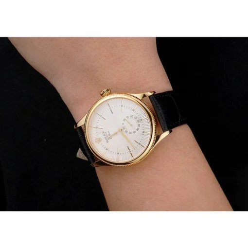 Swiss Rolex Cellini White Dial Gold Case Black Leather Strap