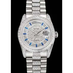 Swiss Rolex Day-Date Diamond Pave Dial And Bezel And Stainless Steel Bracelet