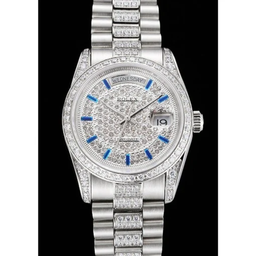 Swiss Rolex Day-Date Diamond Pave Dial And Bezel And Stainless Steel Bracelet