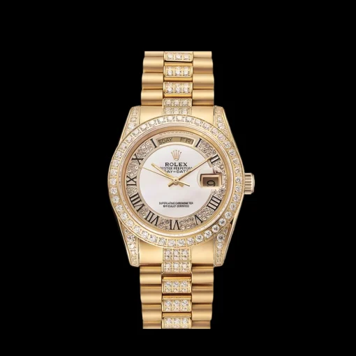Swiss Rolex Day-Date Diamond Pave White Dial Gold Diamond Bracelet 1453958