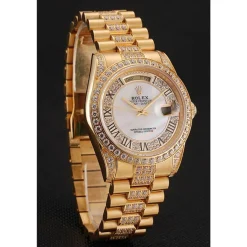 Swiss Rolex Day-Date Diamond Pave White Dial Gold Diamond Bracelet 1453958