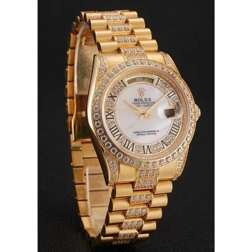 Swiss Rolex Day-Date Diamond Pave White Dial Gold Diamond Bracelet 1453958