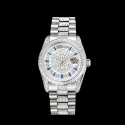 Swiss Rolex Day-Date Diamond Pave Dial And Bezel And Stainless Steel Bracelet