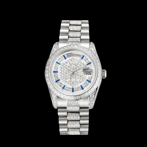 Swiss Rolex Day-Date Diamond Pave Dial And Bezel And Stainless Steel Bracelet