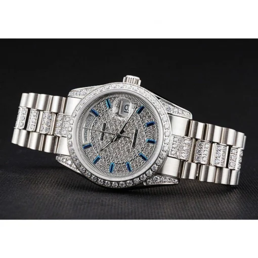 Swiss Rolex Day-Date Diamond Pave Dial And Bezel And Stainless Steel Bracelet