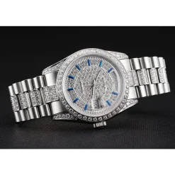 Swiss Rolex Day-Date Diamond Pave Dial And Bezel And Stainless Steel Bracelet