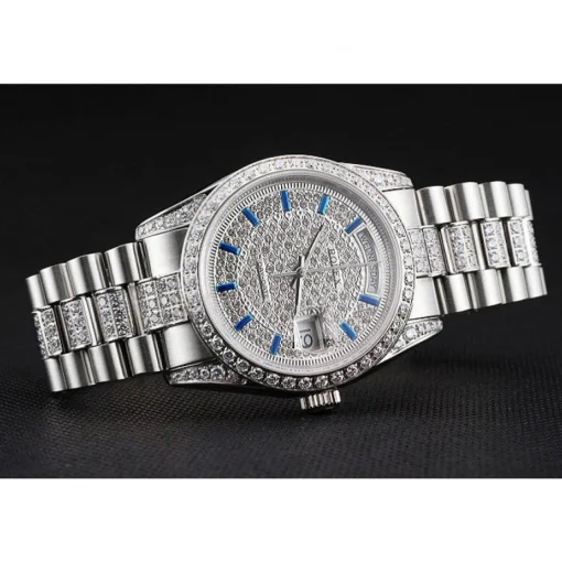 Swiss Rolex Day-Date Diamond Pave Dial And Bezel And Stainless Steel Bracelet