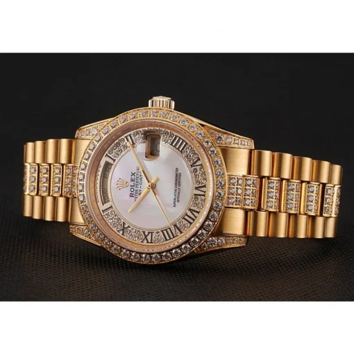 Swiss Rolex Day-Date Diamond Pave White Dial Gold Diamond Bracelet 1453958