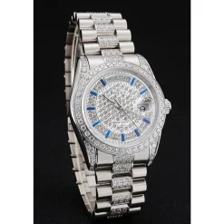 Swiss Rolex Day-Date Diamond Pave Dial And Bezel And Stainless Steel Bracelet