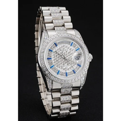 Swiss Rolex Day-Date Diamond Pave Dial And Bezel And Stainless Steel Bracelet