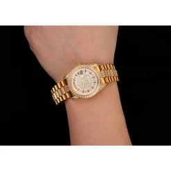 Swiss Rolex Day-Date Red Diamond Pave Dial Gold Diamond Bracelet 1453960