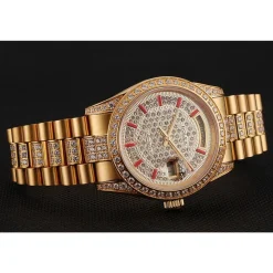 Swiss Rolex Day-Date Red Diamond Pave Dial Gold Diamond Bracelet 1453960