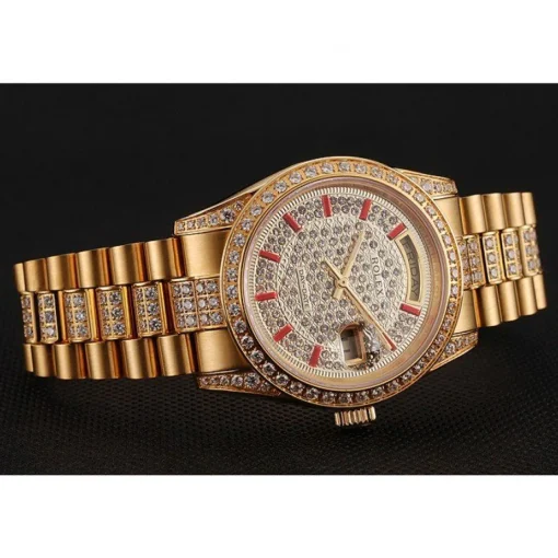 Swiss Rolex Day-Date Red Diamond Pave Dial Gold Diamond Bracelet 1453960