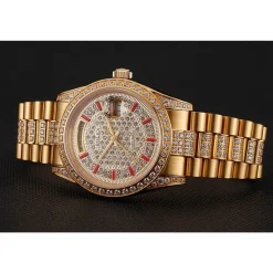 Swiss Rolex Day-Date Red Diamond Pave Dial Gold Diamond Bracelet 1453960