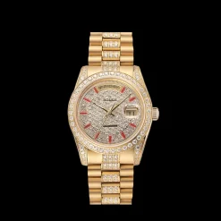 Swiss Rolex Day-Date Red Diamond Pave Dial Gold Diamond Bracelet 1453960