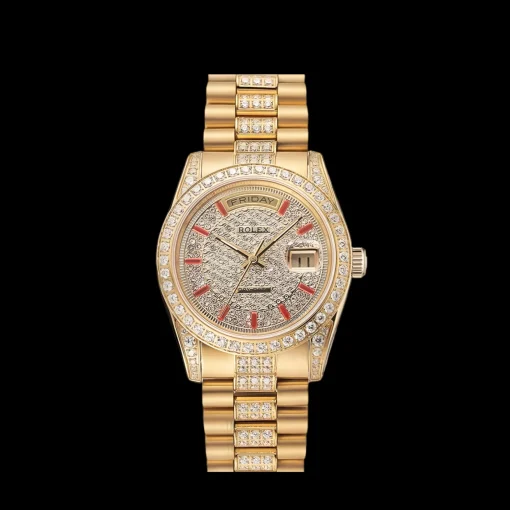 Swiss Rolex Day-Date Red Diamond Pave Dial Gold Diamond Bracelet 1453960