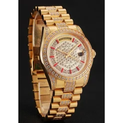 Swiss Rolex Day-Date Red Diamond Pave Dial Gold Diamond Bracelet 1453960